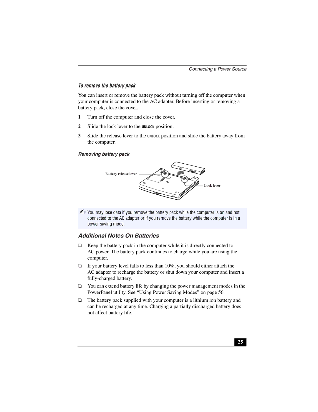 Sony PCG-Z505LSK, PCG-Z505LEK manual Additional Notes On Batteries, To remove the battery pack, Removing battery pack 