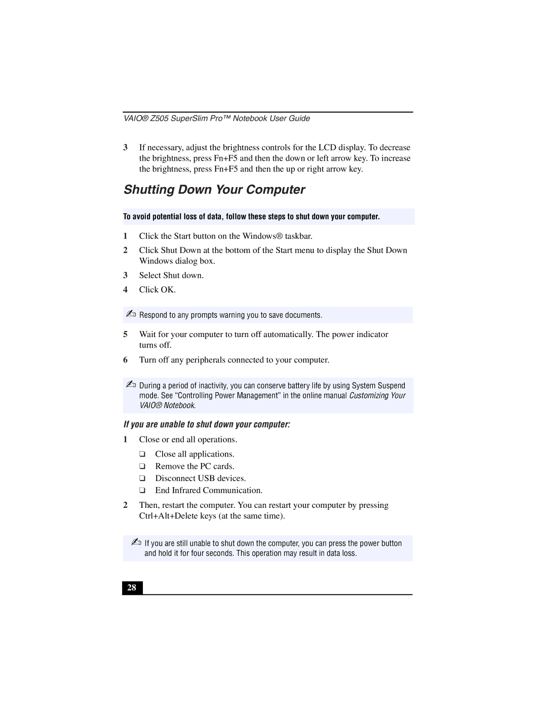 Sony PCG-Z505LSK, PCG-Z505LEK manual Shutting Down Your Computer, If you are unable to shut down your computer 