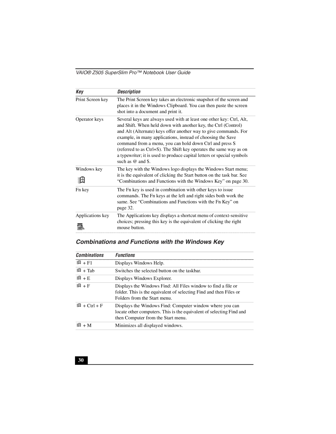 Sony PCG-Z505LEK, PCG-Z505LSK manual Combinations and Functions with the Windows Key, Combinations Functions 