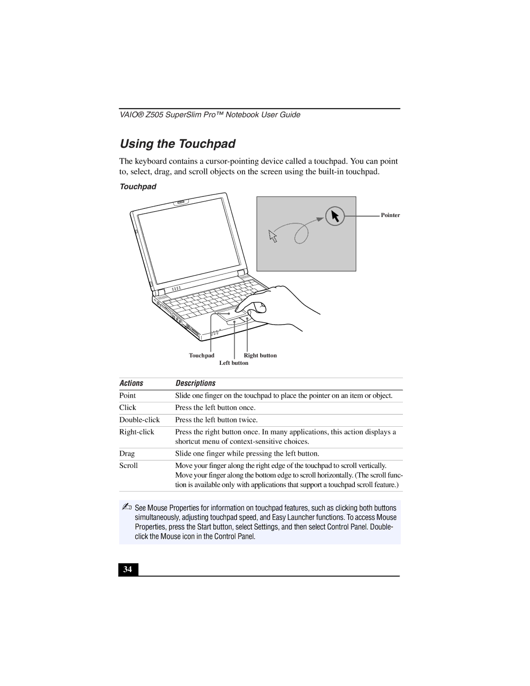 Sony PCG-Z505LEK, PCG-Z505LSK manual Using the Touchpad, Actions 