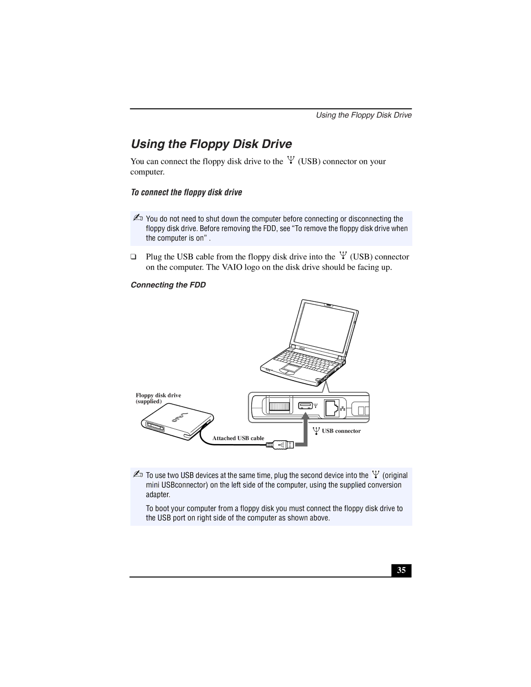 Sony PCG-Z505LE, PCG-Z505LSK manual Using the Floppy Disk Drive, To connect the floppy disk drive, Connecting the FDD 