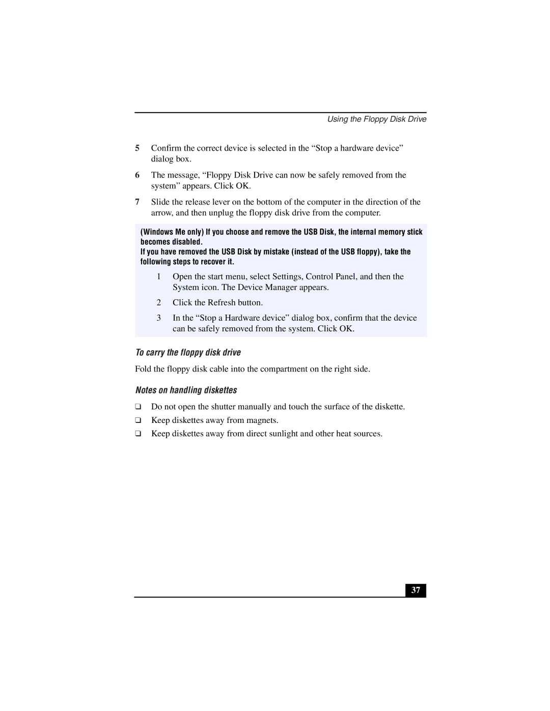 Sony PCG-Z505LSK, PCG-Z505LEK manual To carry the floppy disk drive 