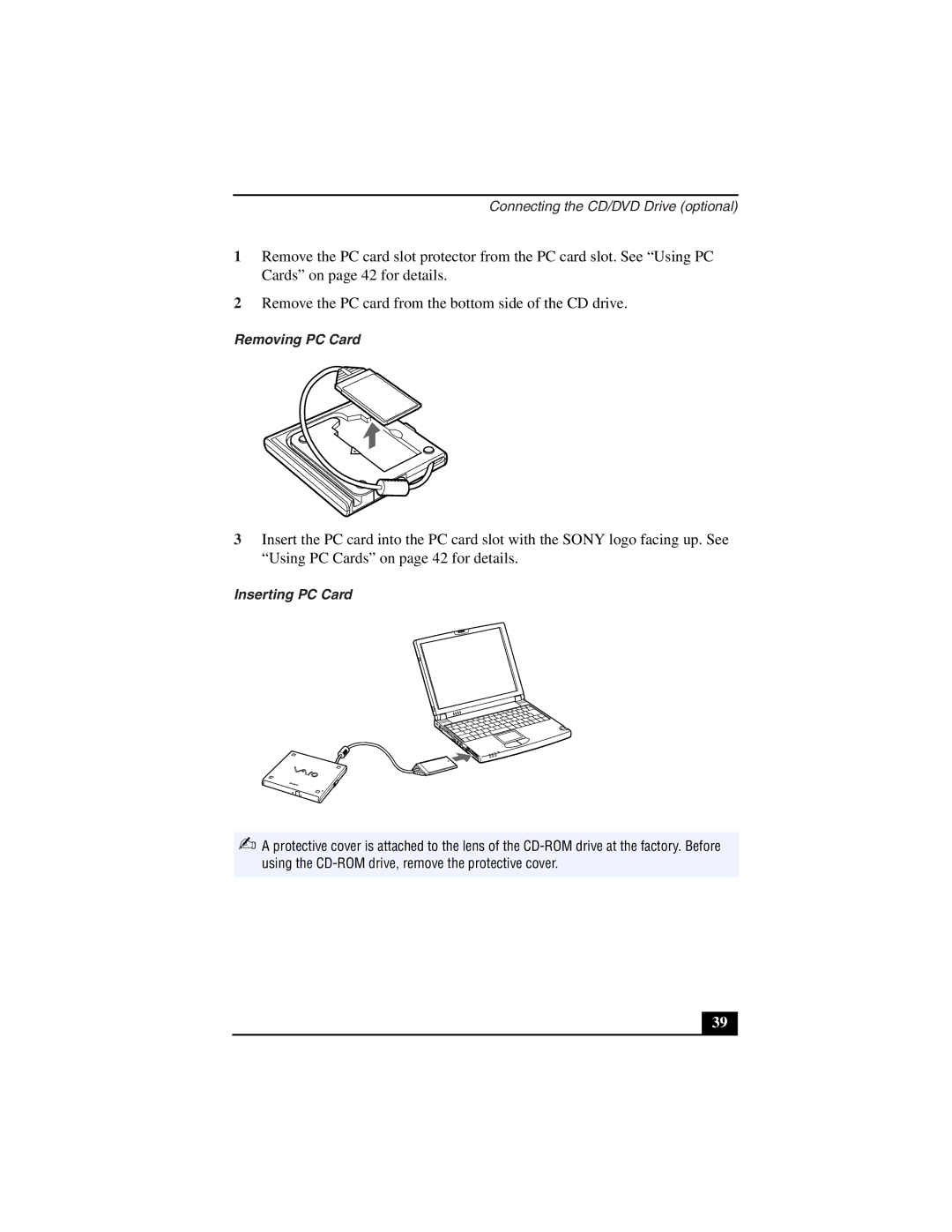 Sony PCG-Z505LSK, PCG-Z505LEK manual Removing PC Card, Inserting PC Card 