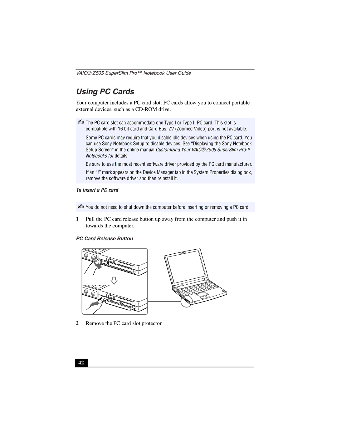 Sony PCG-Z505LEK, PCG-Z505LSK manual Using PC Cards, To insert a PC card, PC Card Release Button 