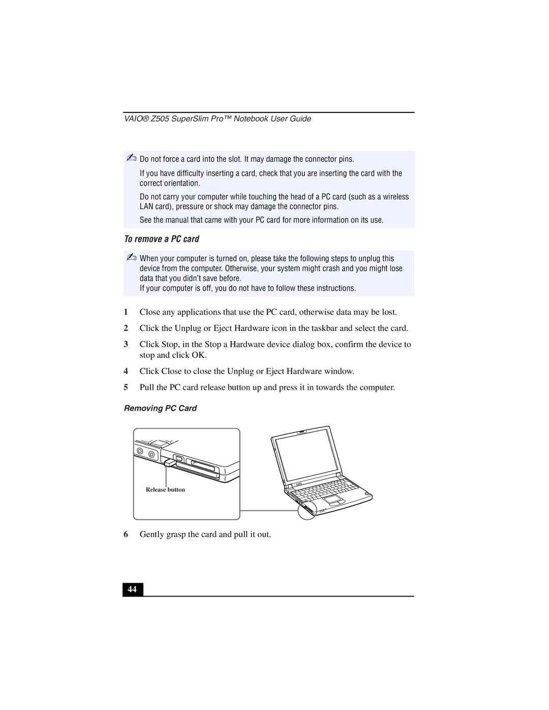 Sony PCG-Z505LSK, PCG-Z505LEK manual To remove a PC card, Removing PC Card 