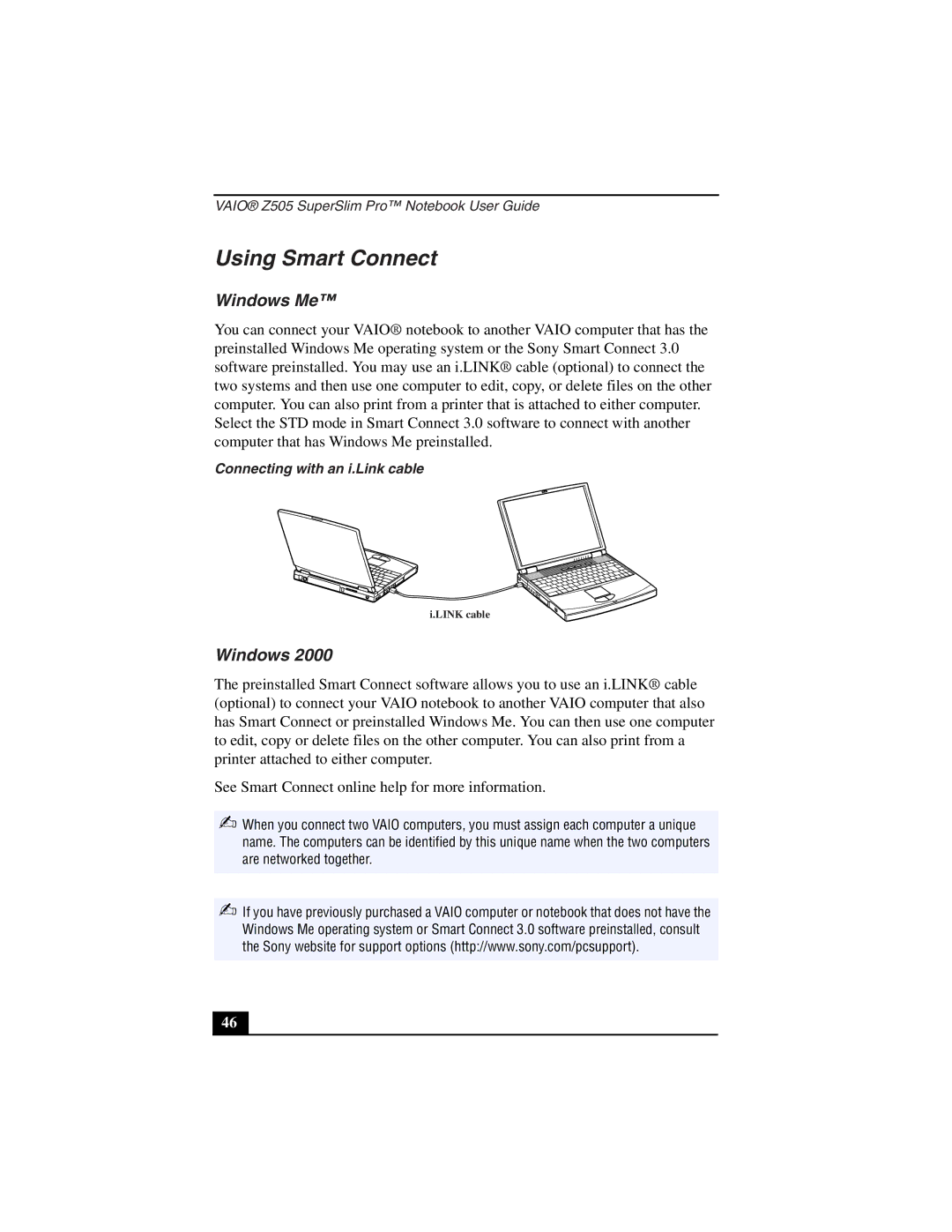 Sony PCG-Z505LEK, PCG-Z505LSK manual Using Smart Connect, Windows Me, Connecting with an i.Link cable 