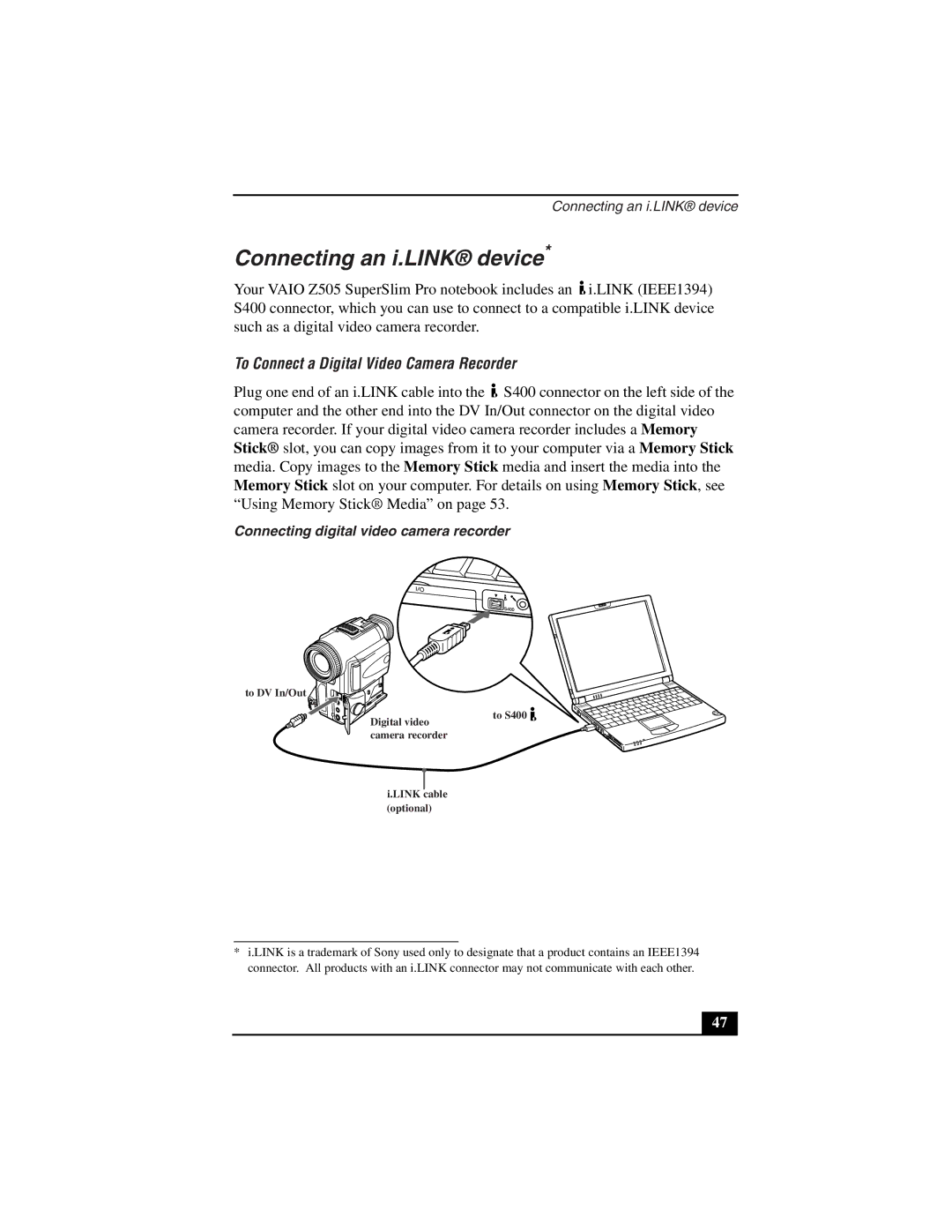 Sony PCG-Z505LSK, PCG-Z505LEK manual Connecting an i.LINK device, To Connect a Digital Video Camera Recorder 