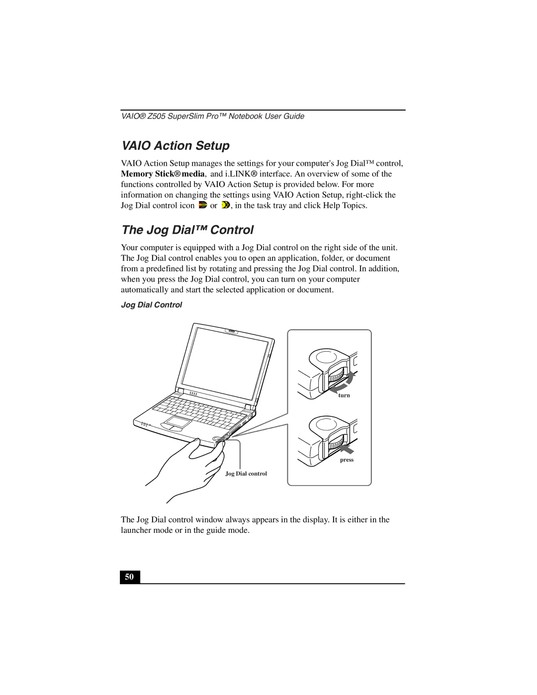 Sony PCG-Z505LEK, PCG-Z505LSK manual Vaio Action Setup, Jog Dial Control 