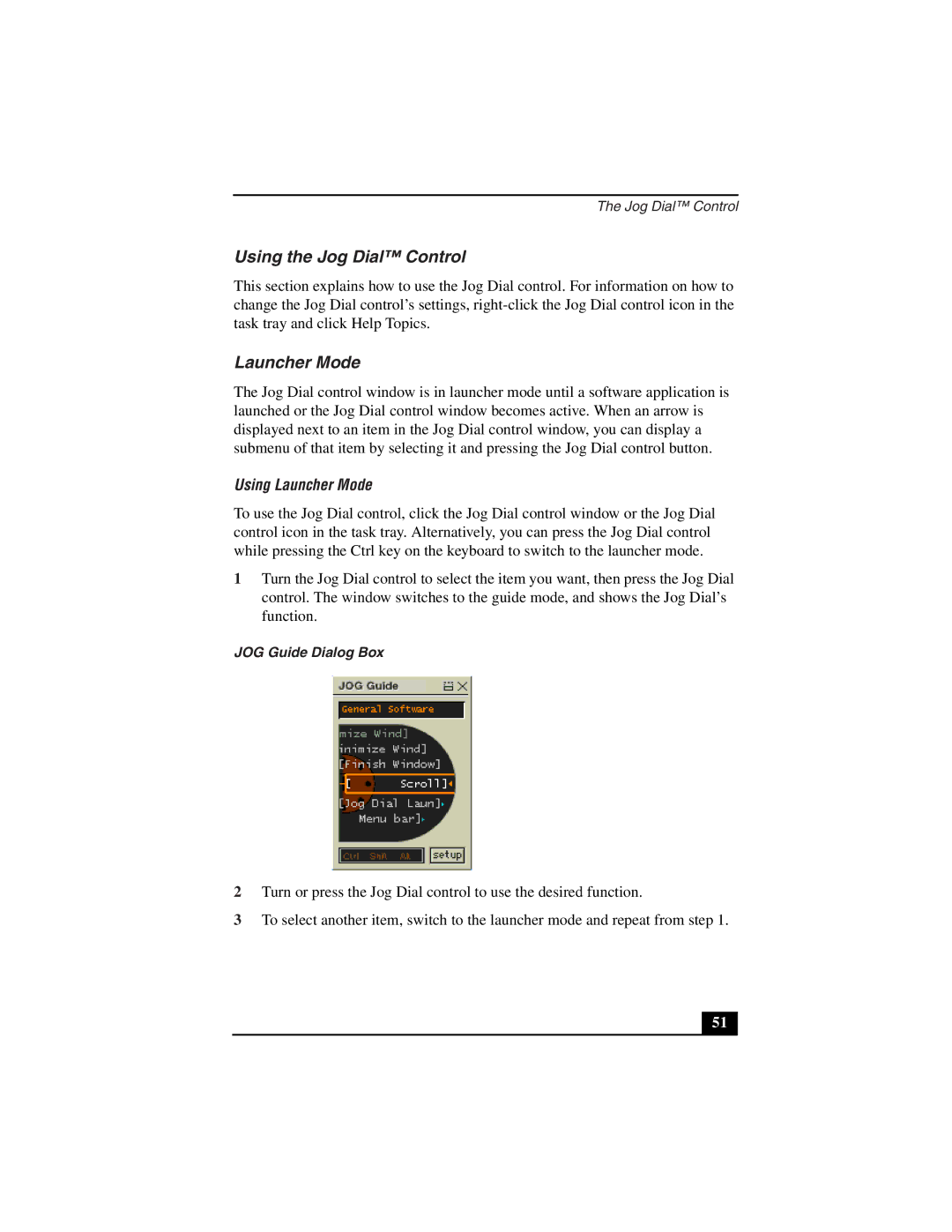 Sony PCG-Z505LSK, PCG-Z505LEK manual Using the Jog Dial Control, Using Launcher Mode, JOG Guide Dialog Box 