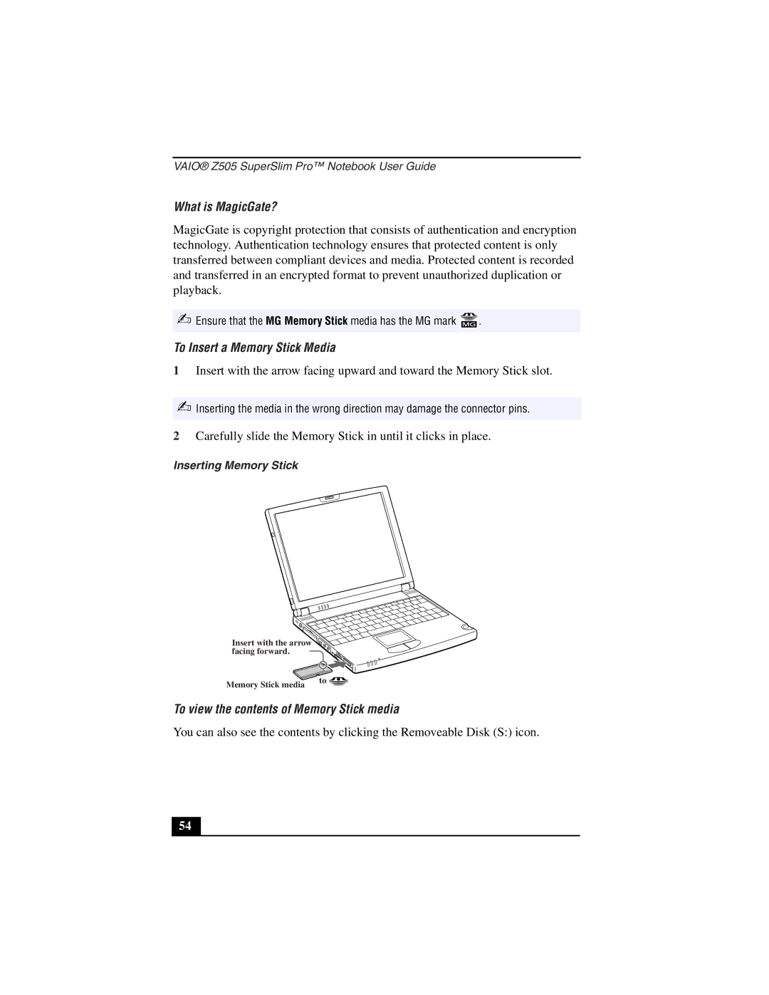 Sony PCG-Z505LEK manual What is MagicGate?, To Insert a Memory Stick Media, To view the contents of Memory Stick media 