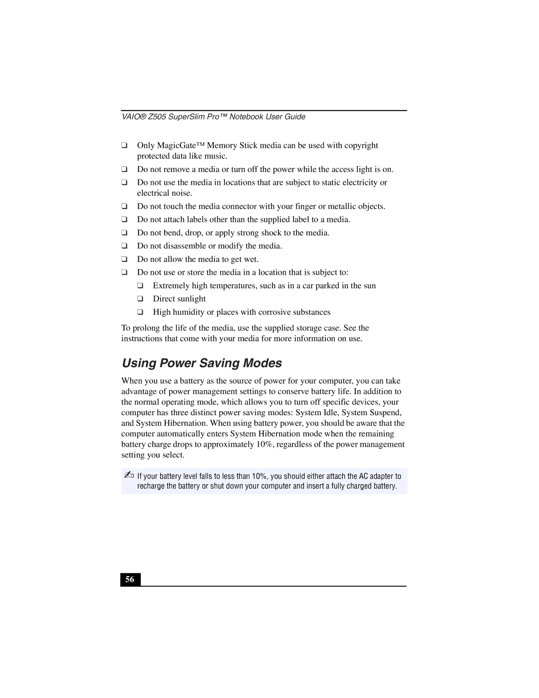 Sony PCG-Z505LSK, PCG-Z505LEK manual Using Power Saving Modes 