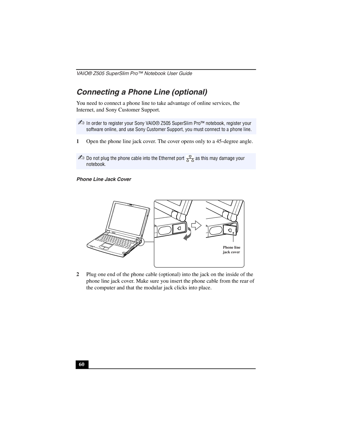 Sony PCG-Z505LSK, PCG-Z505LEK manual Connecting a Phone Line optional, Phone Line Jack Cover 