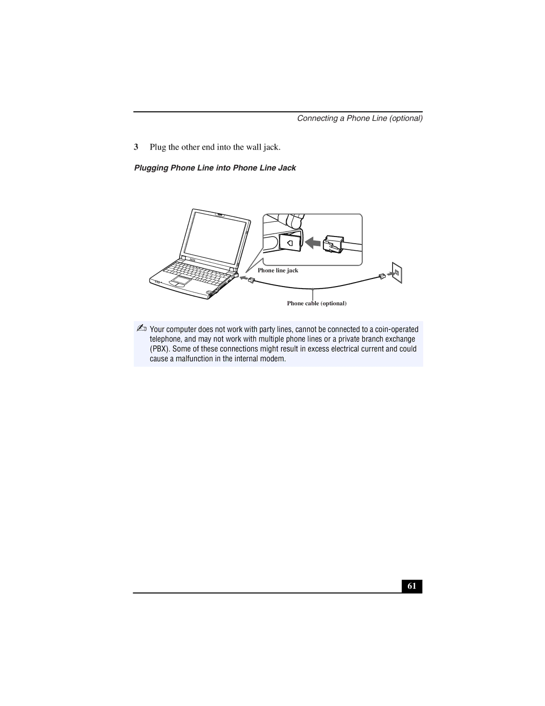 Sony PCG-Z505LSK, PCG-Z505LEK manual Plug the other end into the wall jack, Plugging Phone Line into Phone Line Jack 