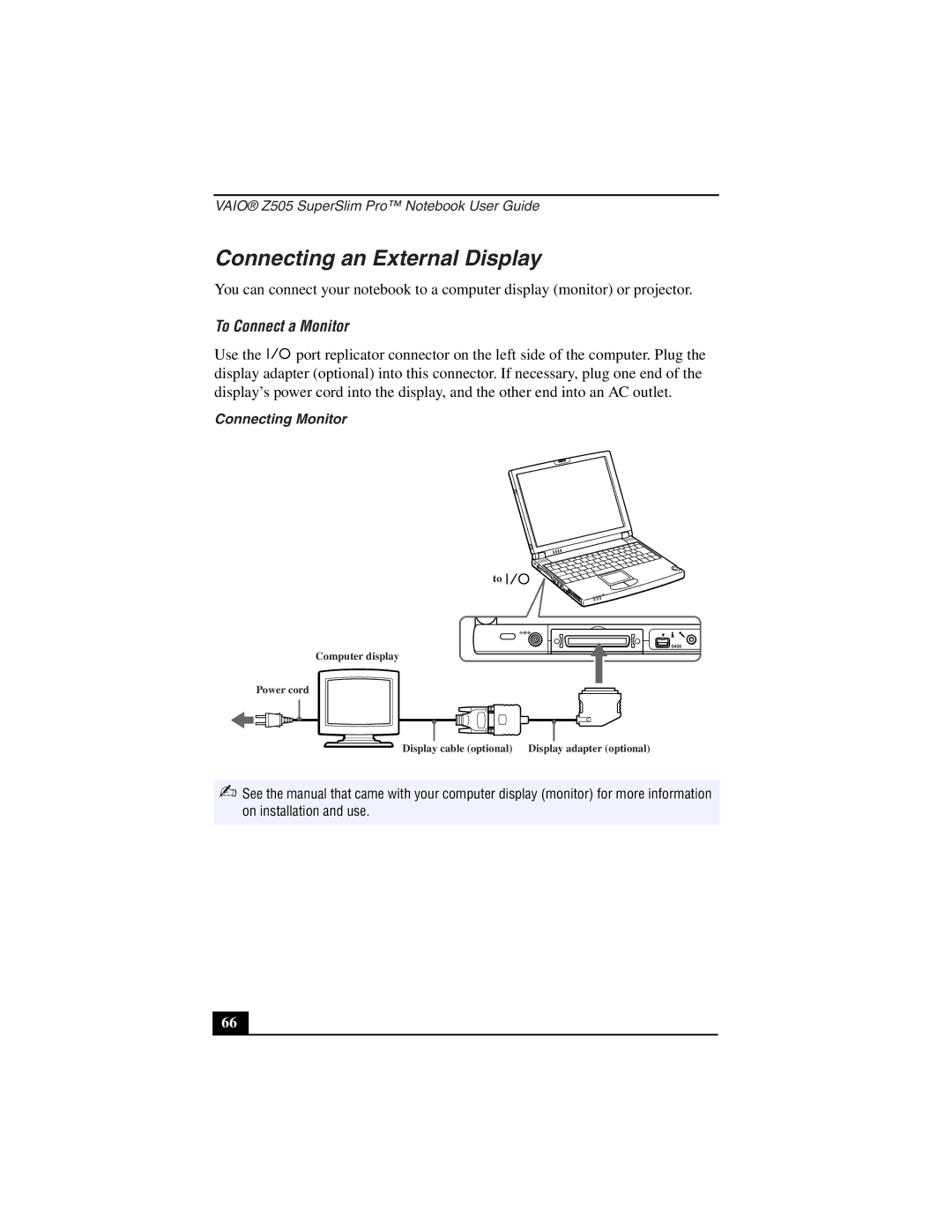 Sony PCG-Z505LEK, PCG-Z505LSK manual Connecting an External Display, To Connect a Monitor, Connecting Monitor 