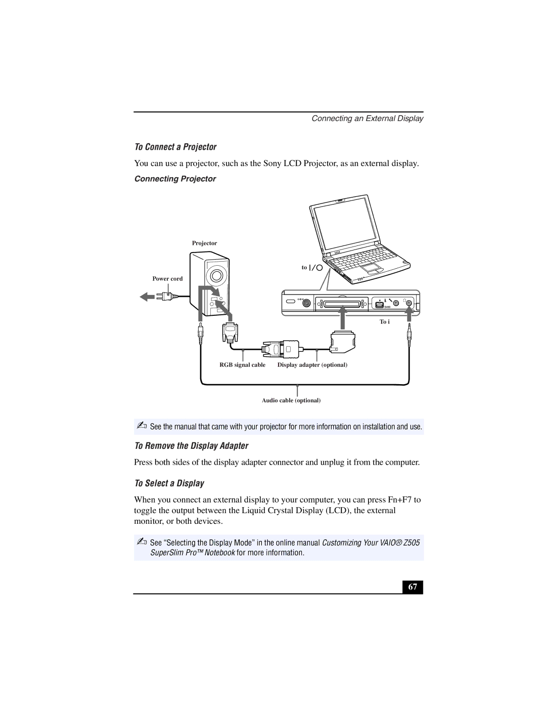 Sony PCG-Z505LE manual To Connect a Projector, To Remove the Display Adapter, To Select a Display, Connecting Projector 