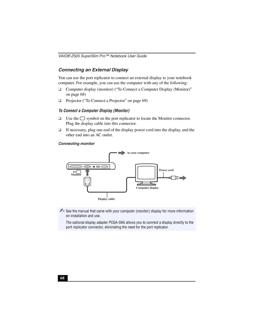 Sony PCG-Z505LSK, PCG-Z505LEK manual Connecting an External Display, To Connect a Computer Display Monitor 