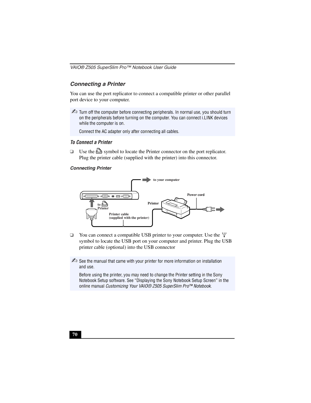 Sony PCG-Z505LEK, PCG-Z505LSK manual Connecting a Printer, To Connect a Printer, Connecting Printer 