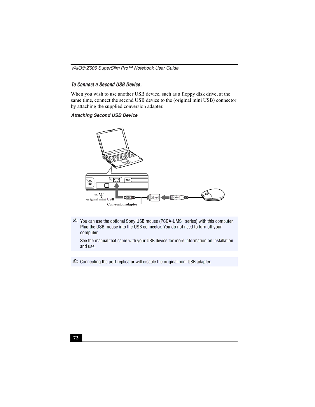 Sony PCG-Z505LSK, PCG-Z505LEK manual To Connect a Second USB Device, Attaching Second USB Device 