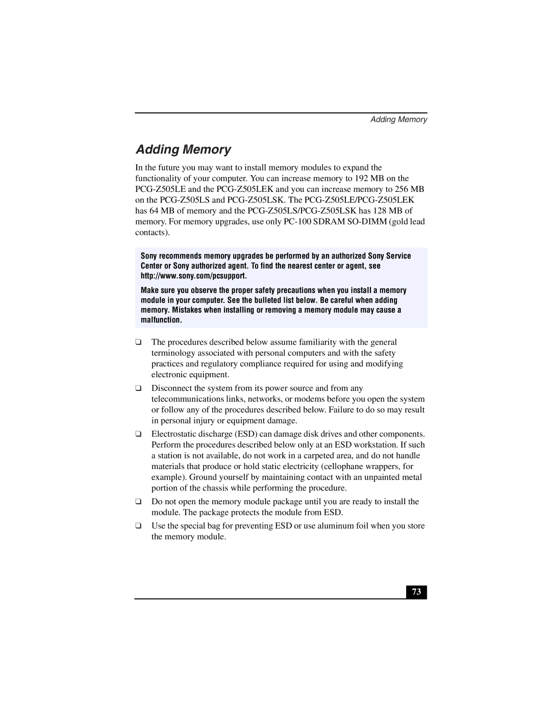 Sony PCG-Z505LSK, PCG-Z505LEK manual Adding Memory 