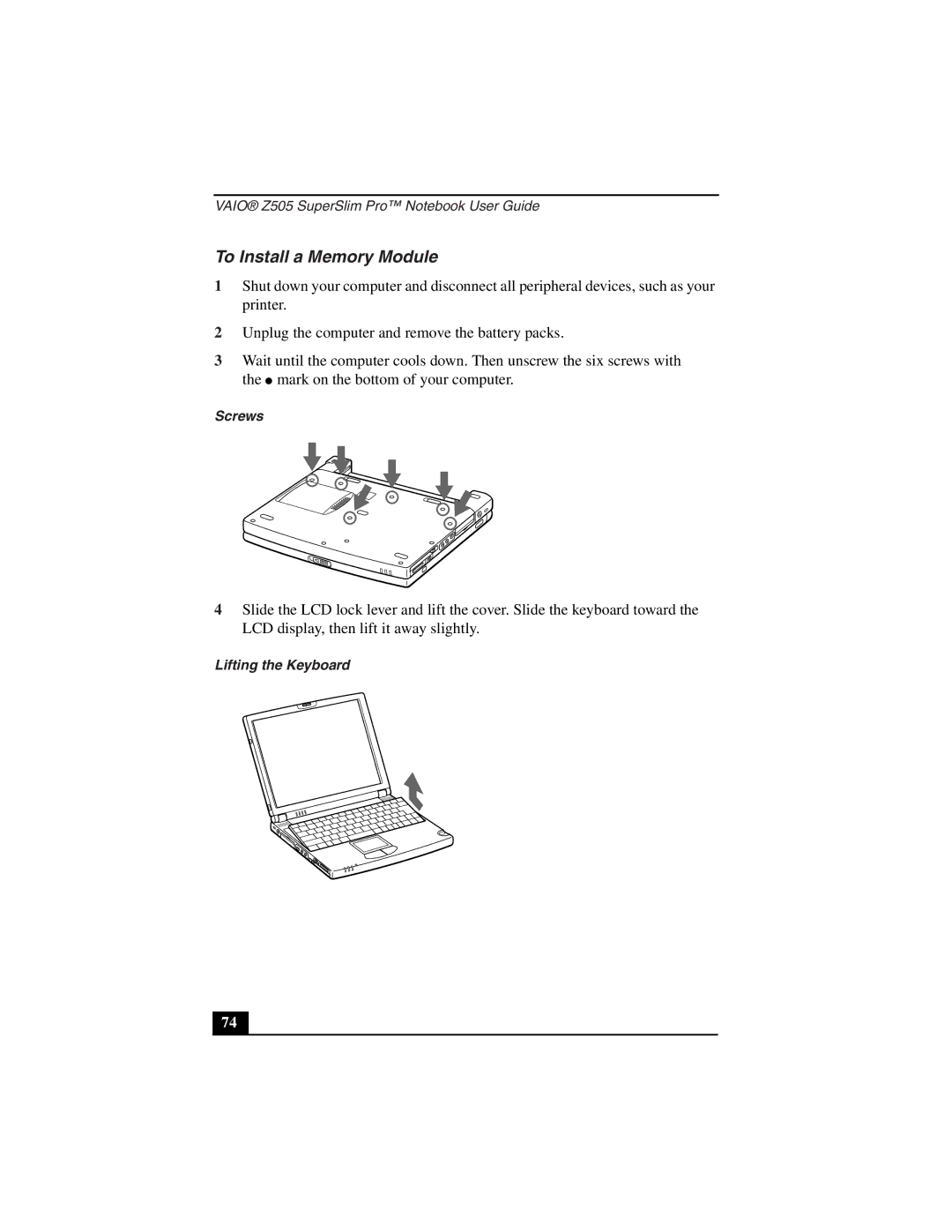 Sony PCG-Z505LEK, PCG-Z505LSK manual To Install a Memory Module, Screws, Lifting the Keyboard 