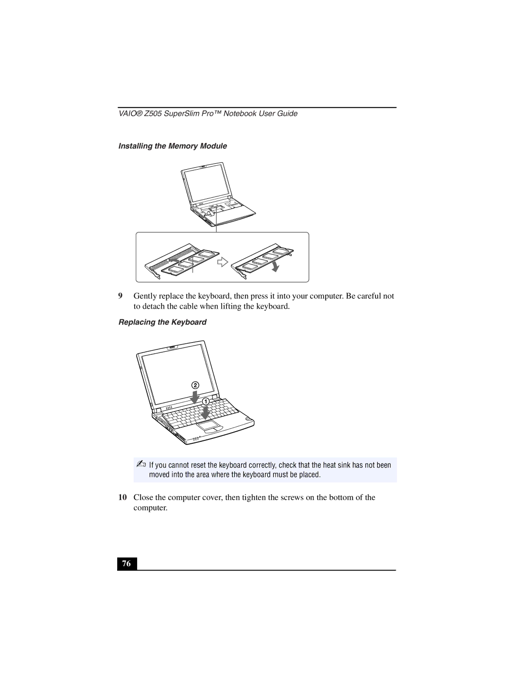 Sony PCG-Z505LSK, PCG-Z505LEK manual Installing the Memory Module, Replacing the Keyboard 