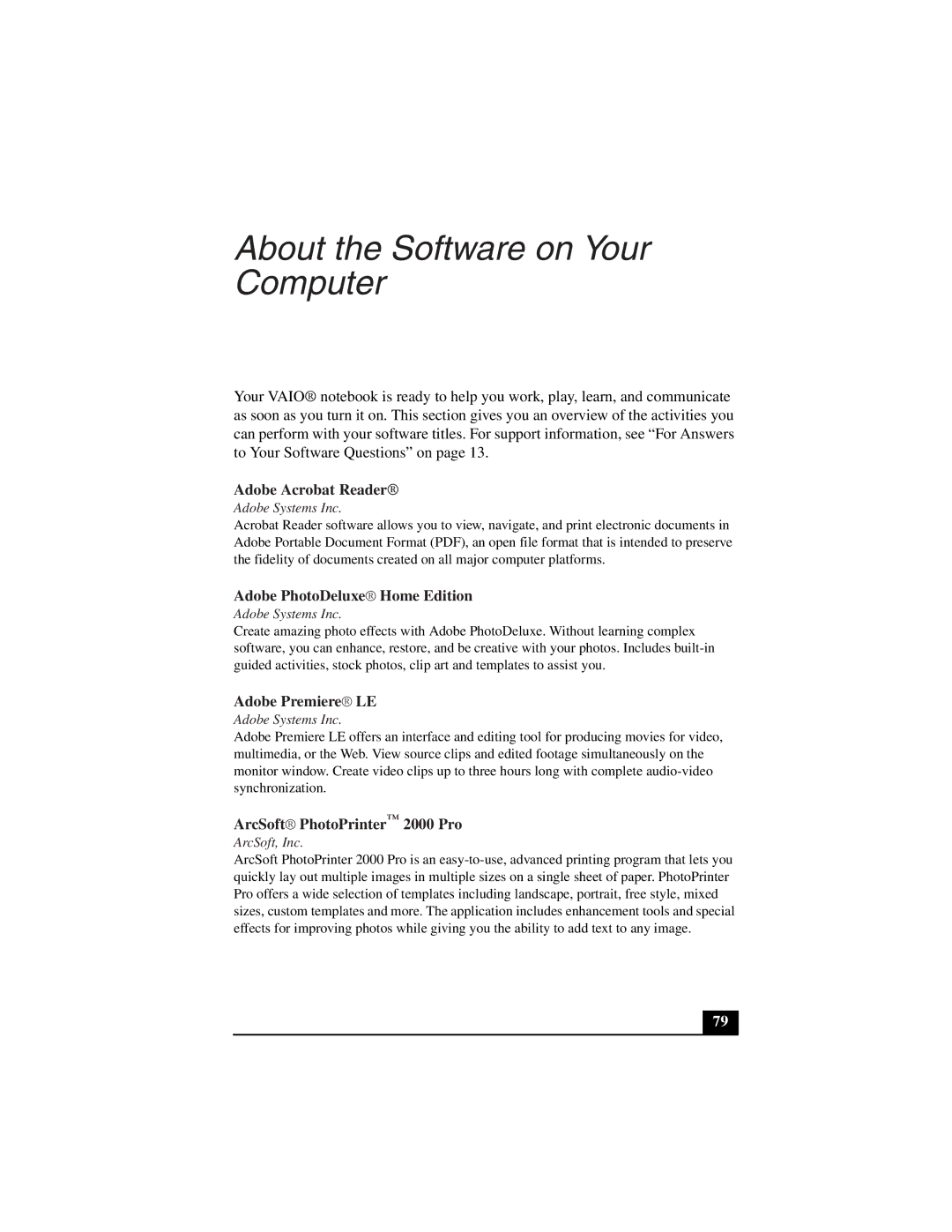 Sony PCG-Z505LSK, PCG-Z505LEK manual About the Software on Your Computer, Adobe PhotoDeluxe Home Edition 