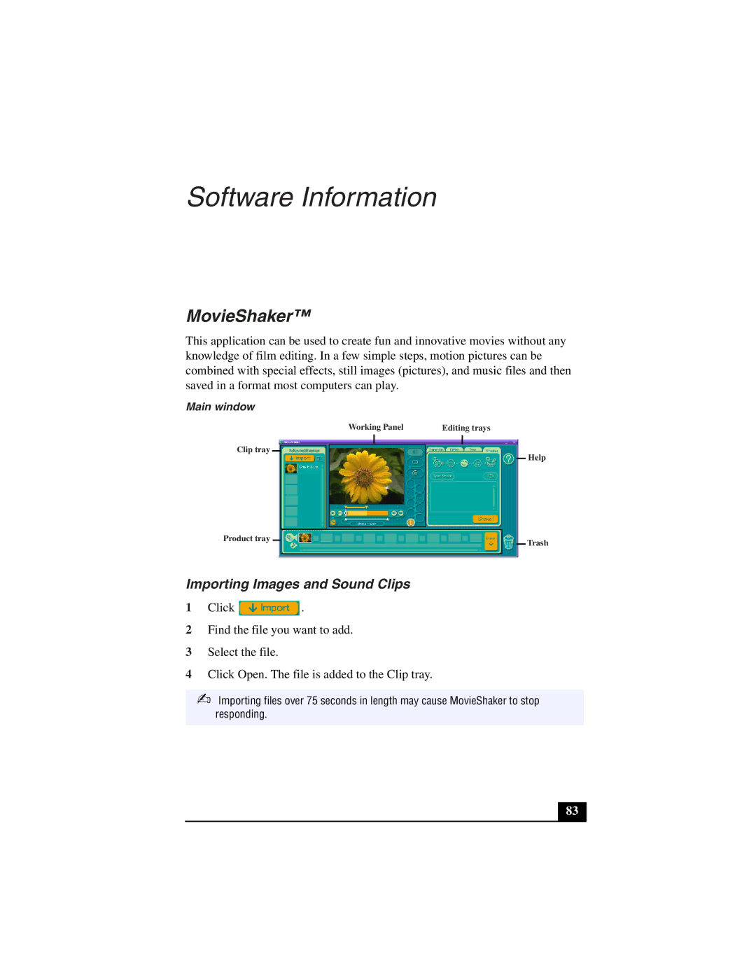 Sony PCG-Z505LE, PCG-Z505LSK manual Software Information, MovieShaker, Importing Images and Sound Clips, Main window 