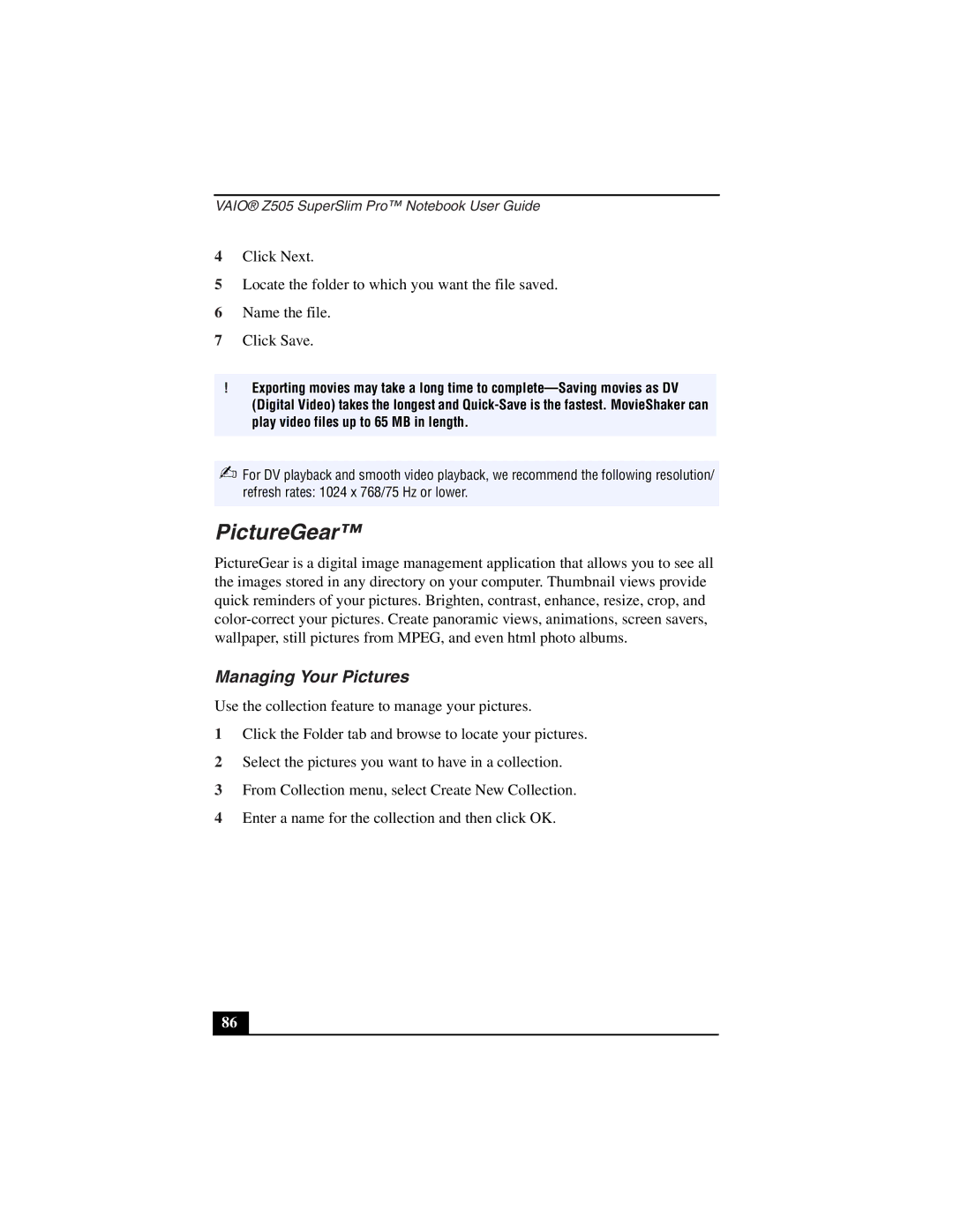 Sony PCG-Z505LEK, PCG-Z505LSK manual PictureGear, Managing Your Pictures 