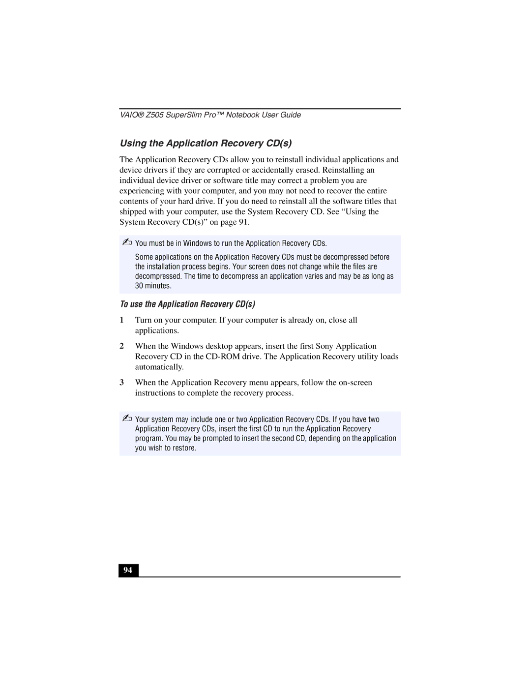 Sony PCG-Z505LEK, PCG-Z505LSK manual Using the Application Recovery CDs, To use the Application Recovery CDs 