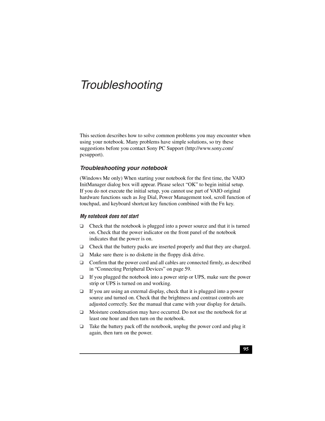 Sony PCG-Z505LSK, PCG-Z505LEK manual Troubleshooting your notebook, My notebook does not start 