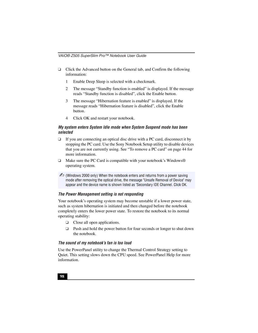 Sony PCG-Z505LEK, PCG-Z505LS manual Power Management setting is not responding, Sound of my notebook’s fan is too loud 