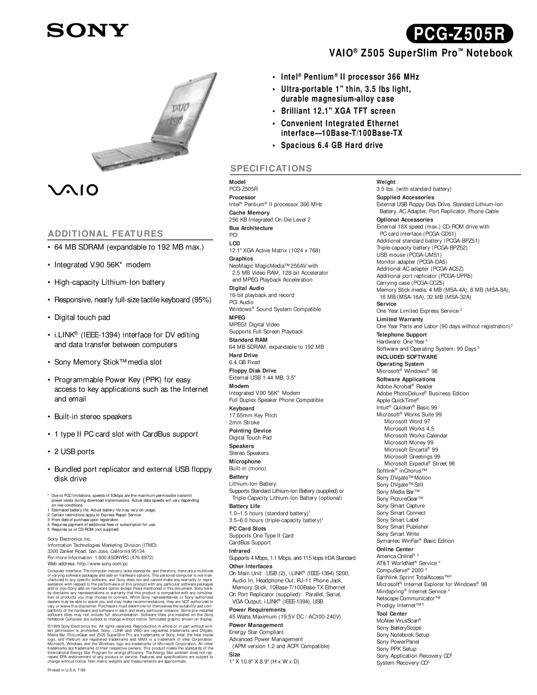 Sony PCG-Z505R specifications Lcd, Mpeg, Included Software 