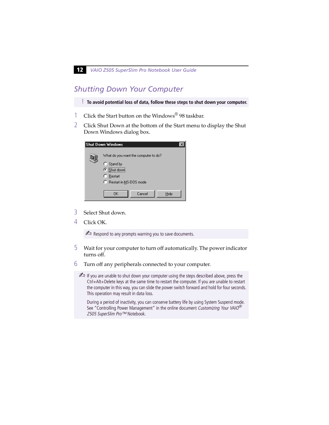 Sony PCG-Z505RX manual Shutting Down Your Computer 