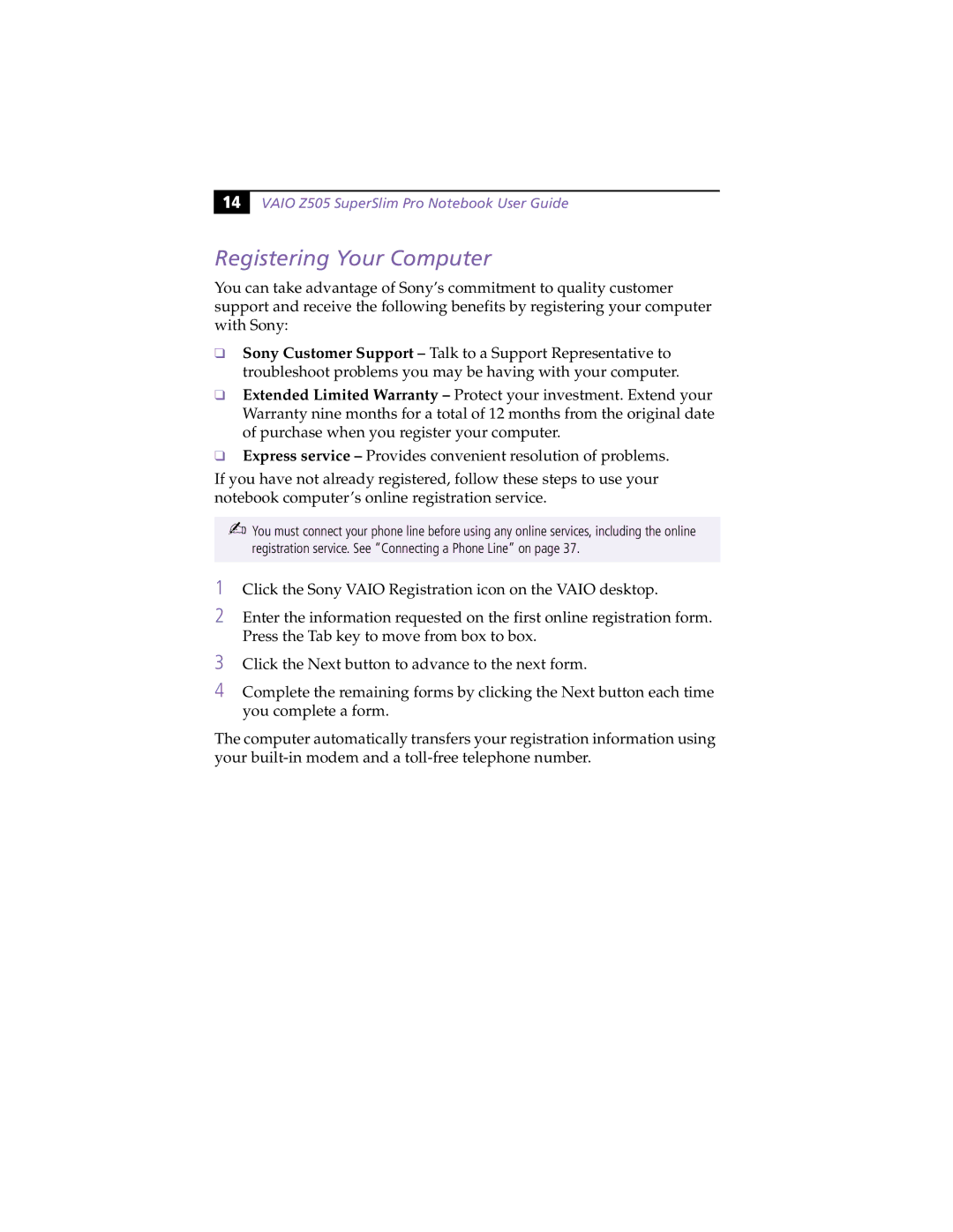 Sony PCG-Z505RX manual Registering Your Computer 