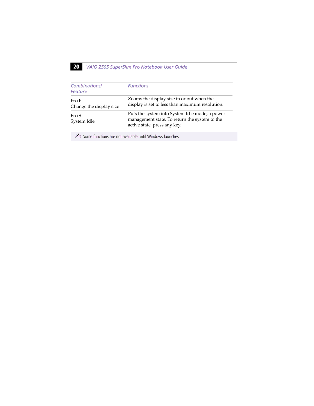 Sony PCG-Z505RX manual Some functions are not available until Windows launches 