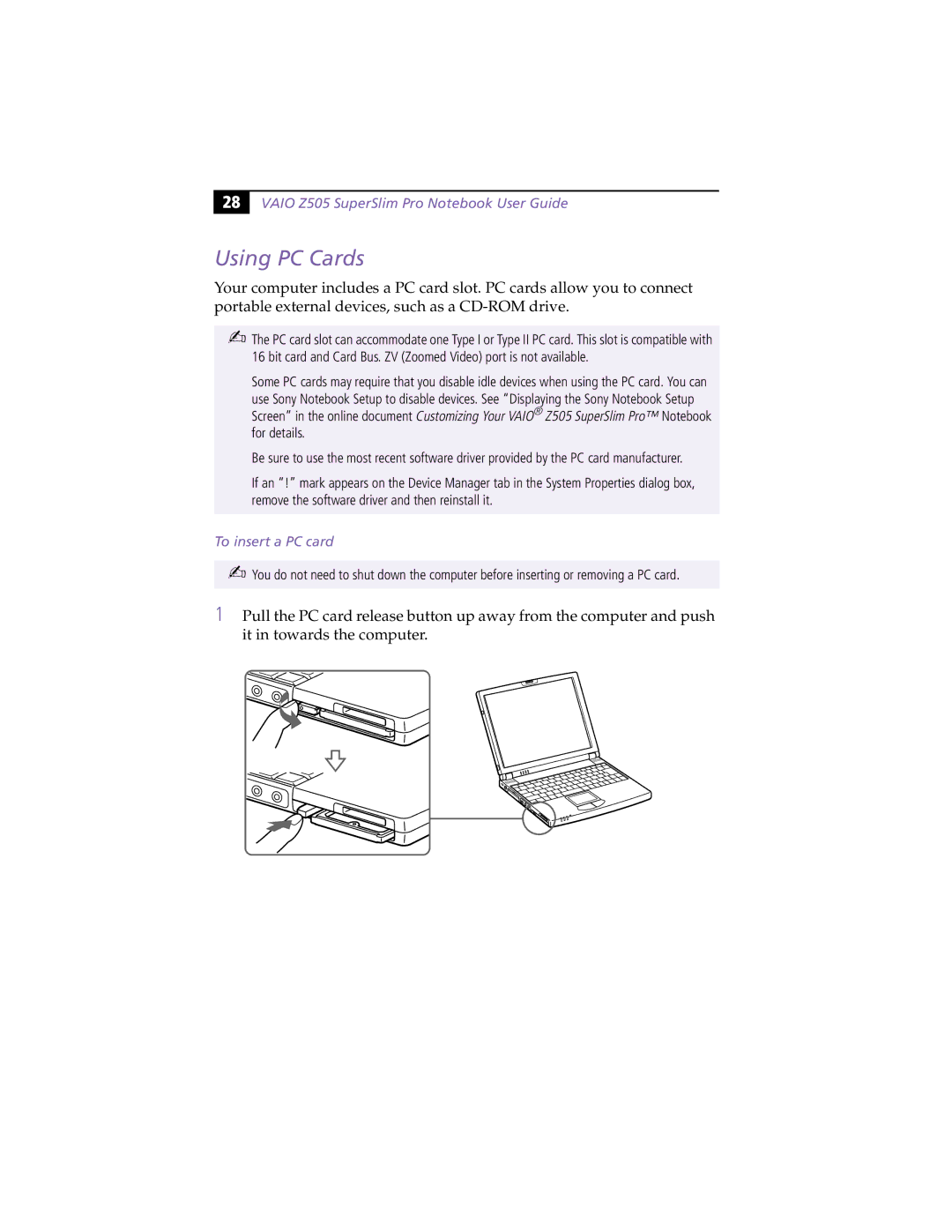 Sony PCG-Z505RX manual Using PC Cards, To insert a PC card 