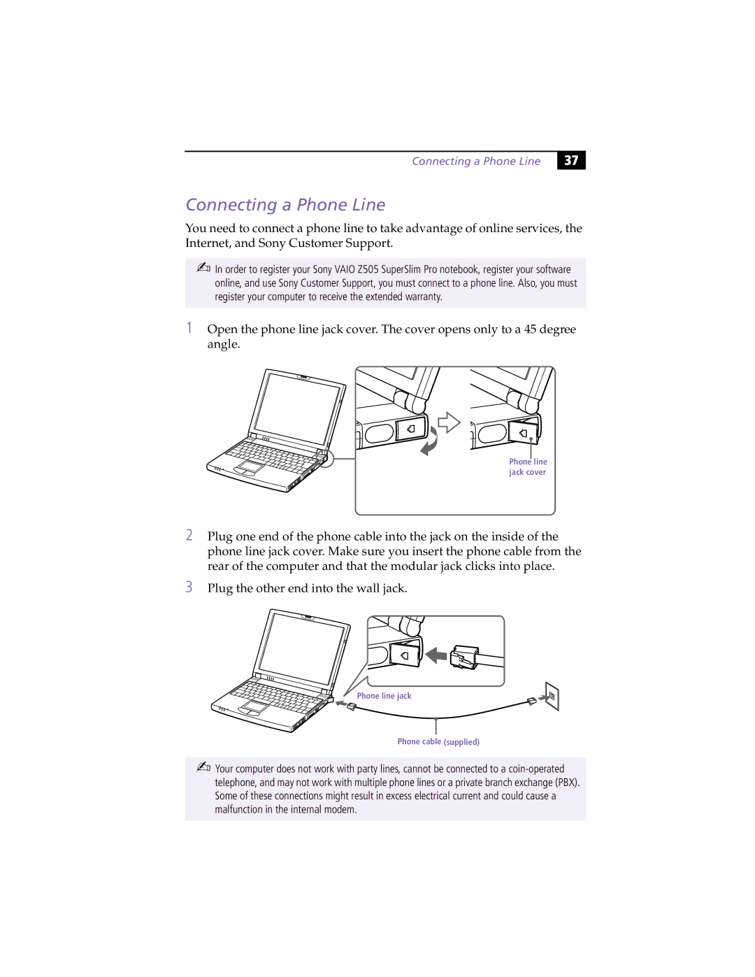 Sony PCG-Z505RX manual Connecting a Phone Line 