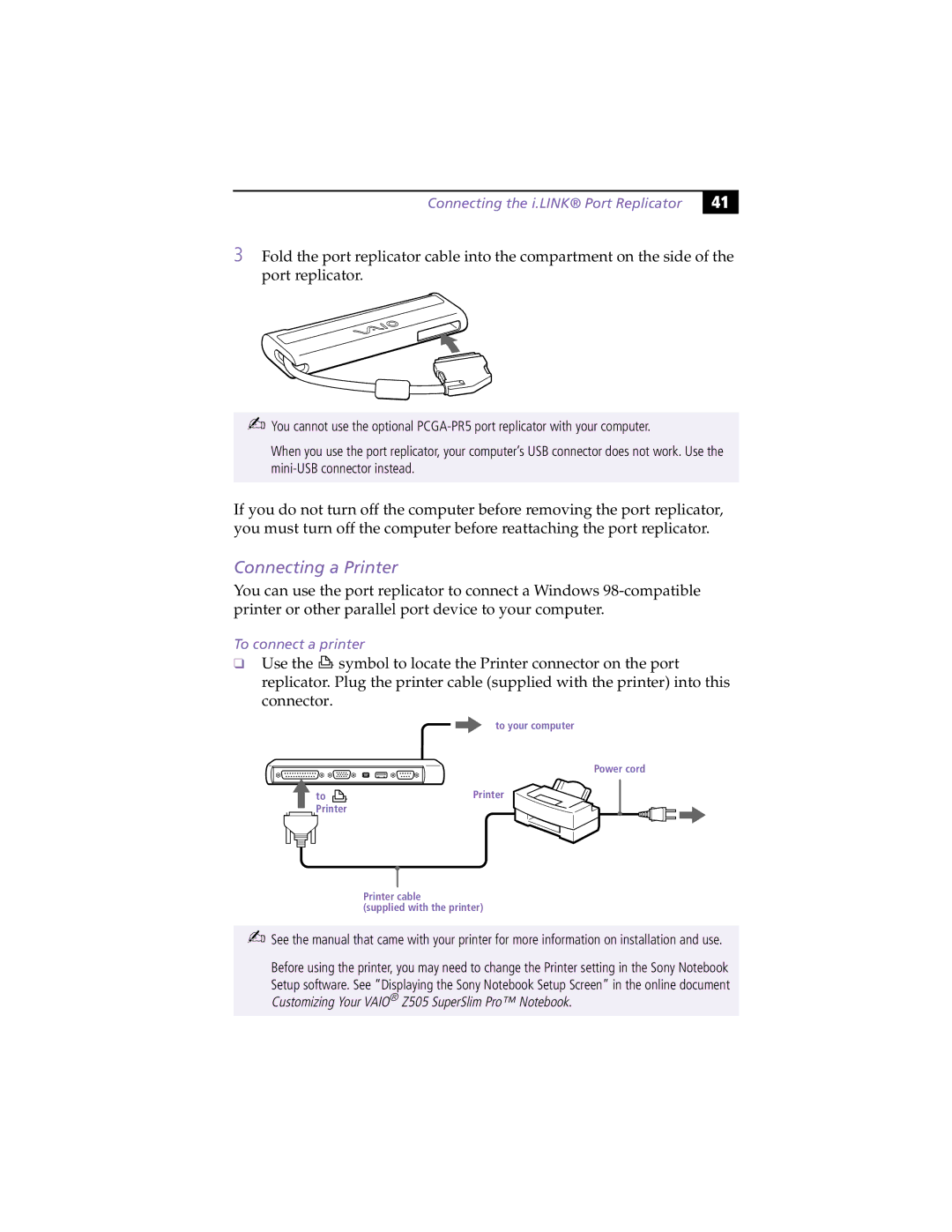 Sony PCG-Z505RX manual Connecting a Printer, To connect a printer 