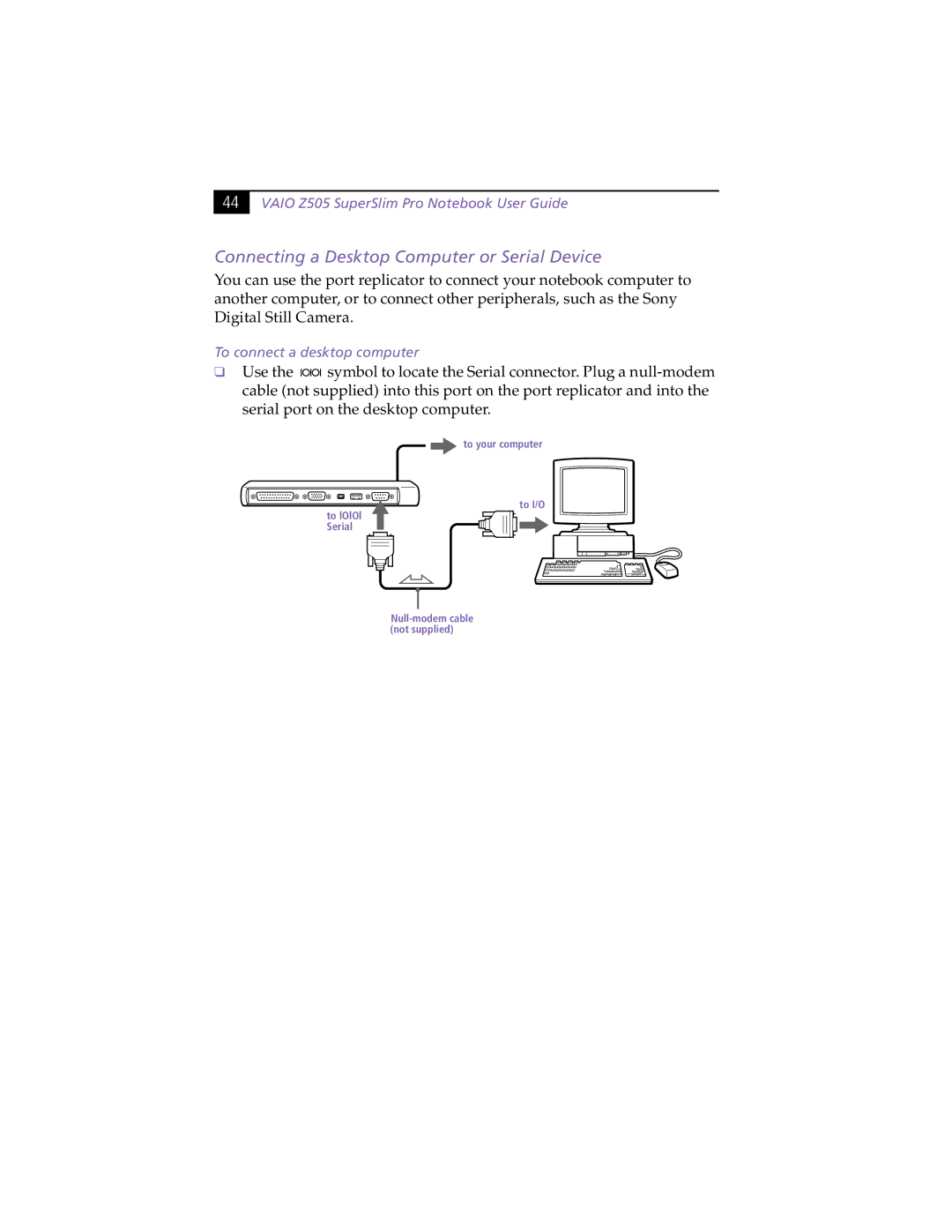 Sony PCG-Z505RX manual Connecting a Desktop Computer or Serial Device, To connect a desktop computer 