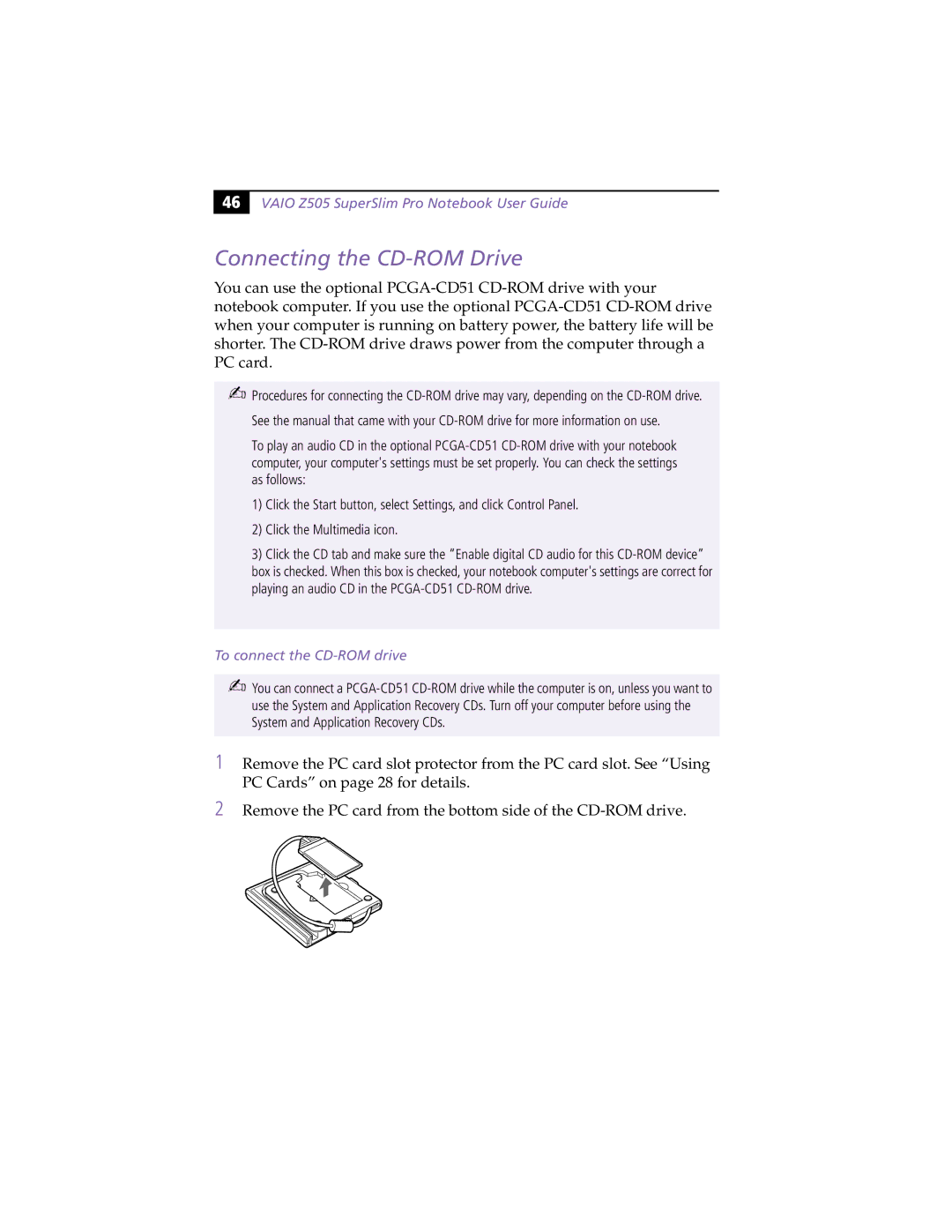 Sony PCG-Z505RX manual Connecting the CD-ROM Drive, To connect the CD-ROM drive 