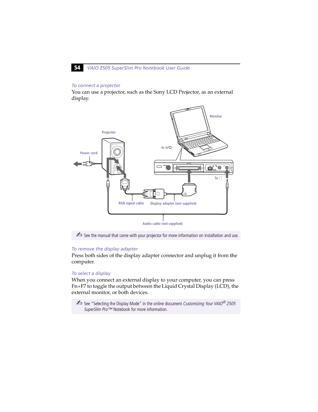 Sony PCG-Z505RX manual To remove the display adapter, To select a display 