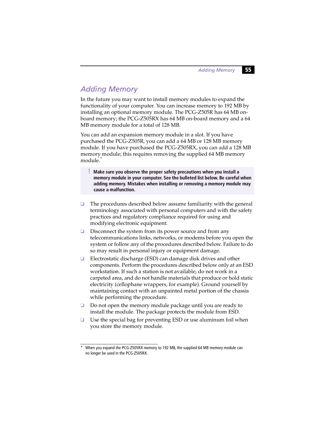 Sony PCG-Z505RX manual Adding Memory 