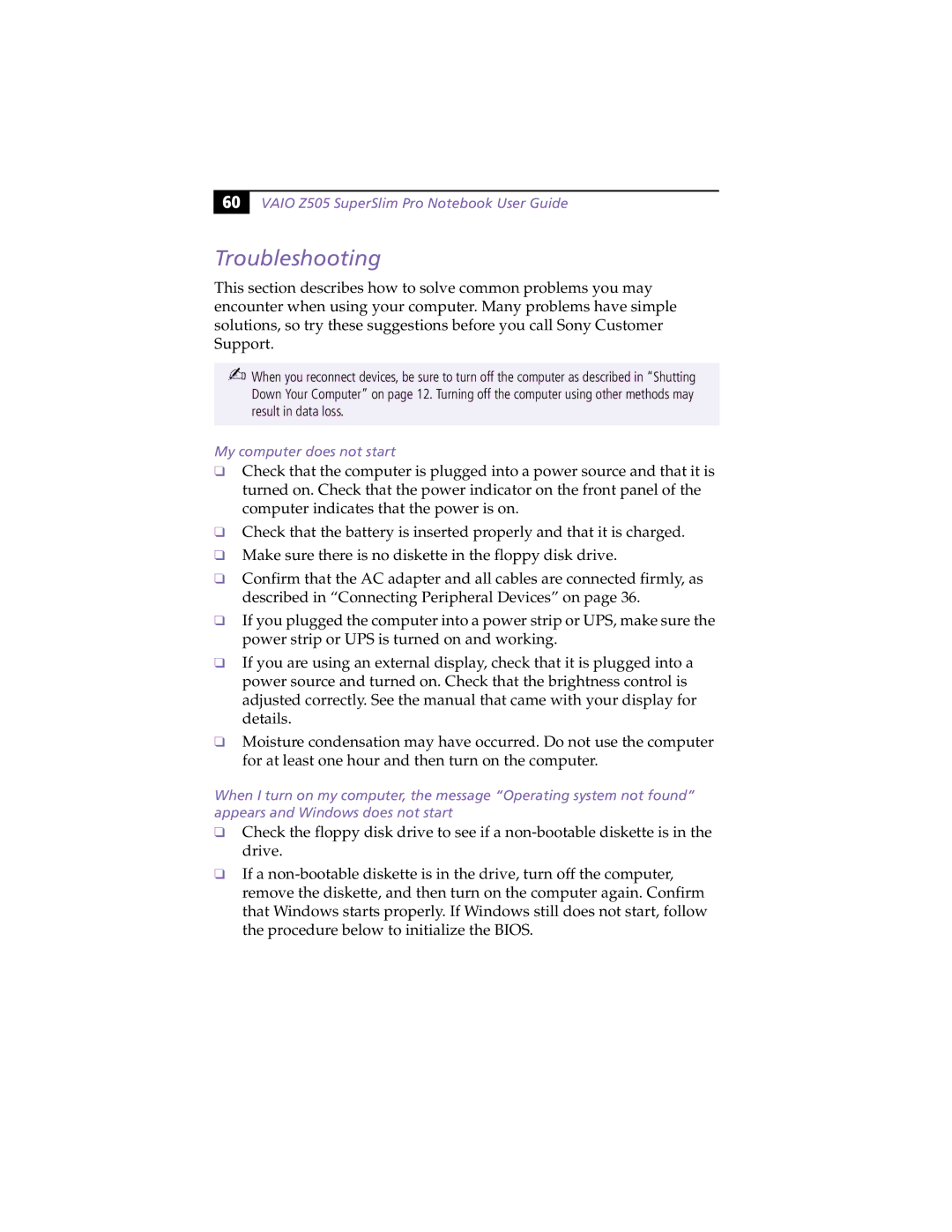 Sony PCG-Z505RX manual Troubleshooting, My computer does not start 