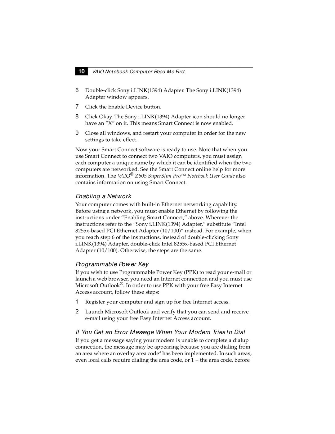 Sony PCG-Z505S manual Enabling a Network, Programmable Power Key, If You Get an Error Message When Your Modem Tries to Dial 