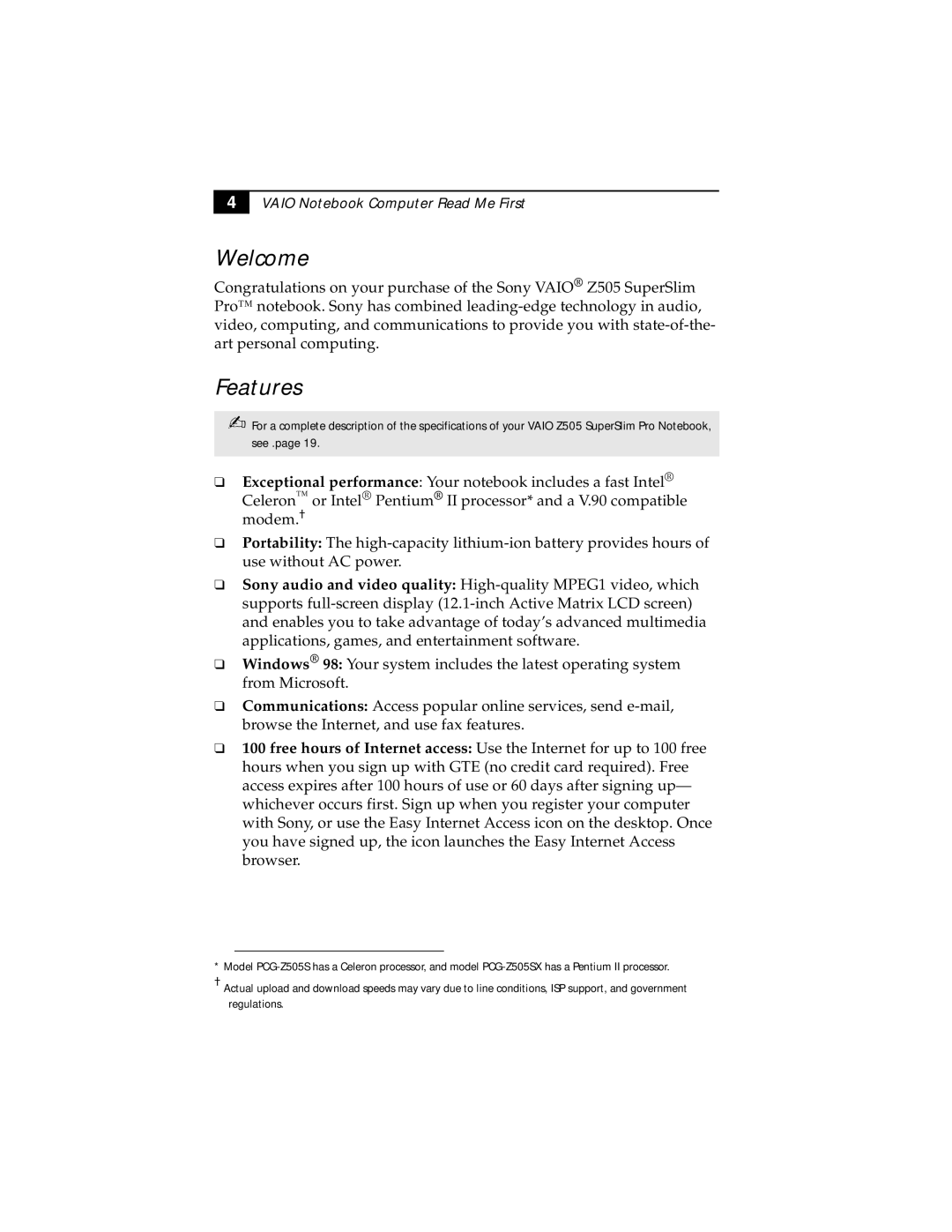 Sony PCG-Z505SX manual Welcome, Features 