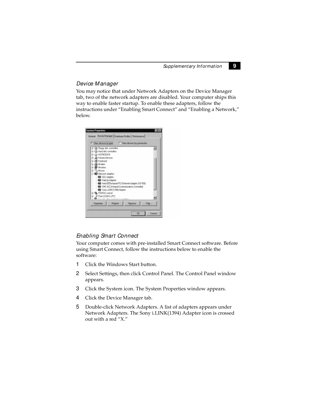 Sony PCG-Z505SX manual Device Manager, Enabling Smart Connect 