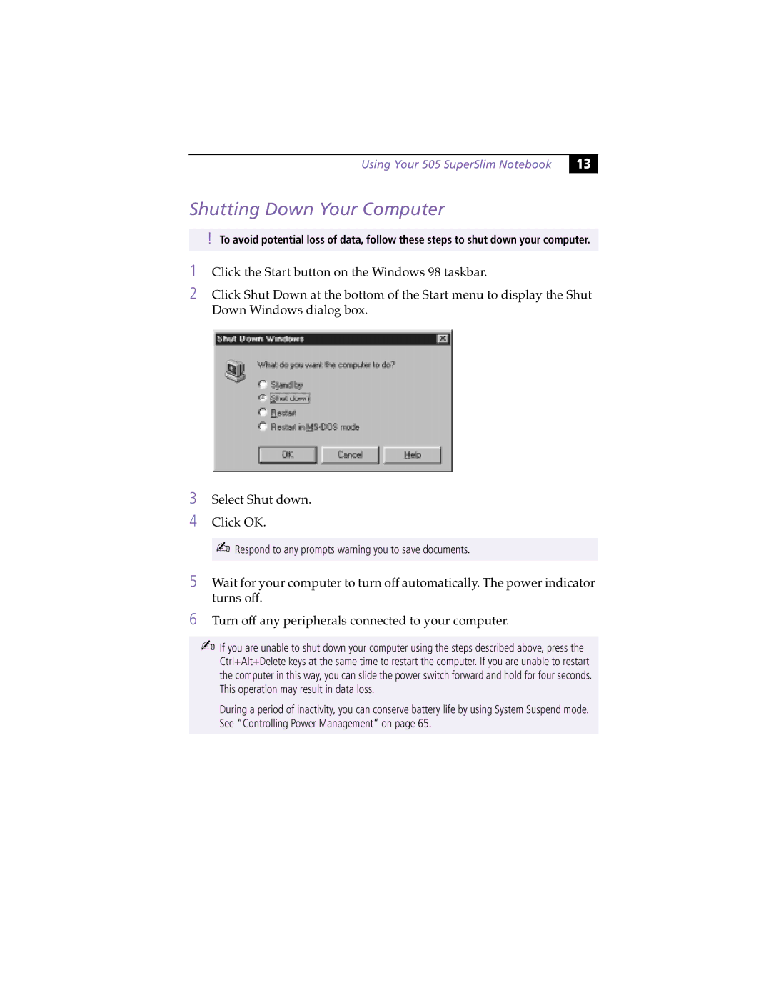 Sony PCG505FX manual Respondtoanypromptswarningyoutosavedocuments, Shutting Down Your Computer 