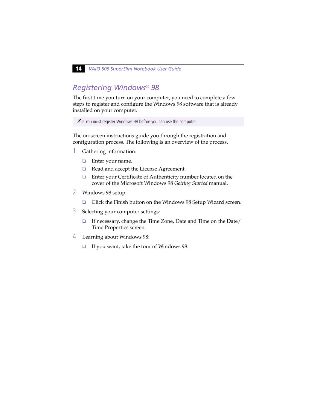 Sony PCG505FX manual Registering Windows, YoumustregisterWindows98beforeyoucanusethecomputer 