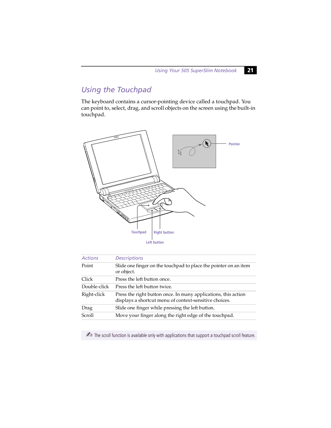 Sony PCG505FX manual Touchpad Left buttonRight button 