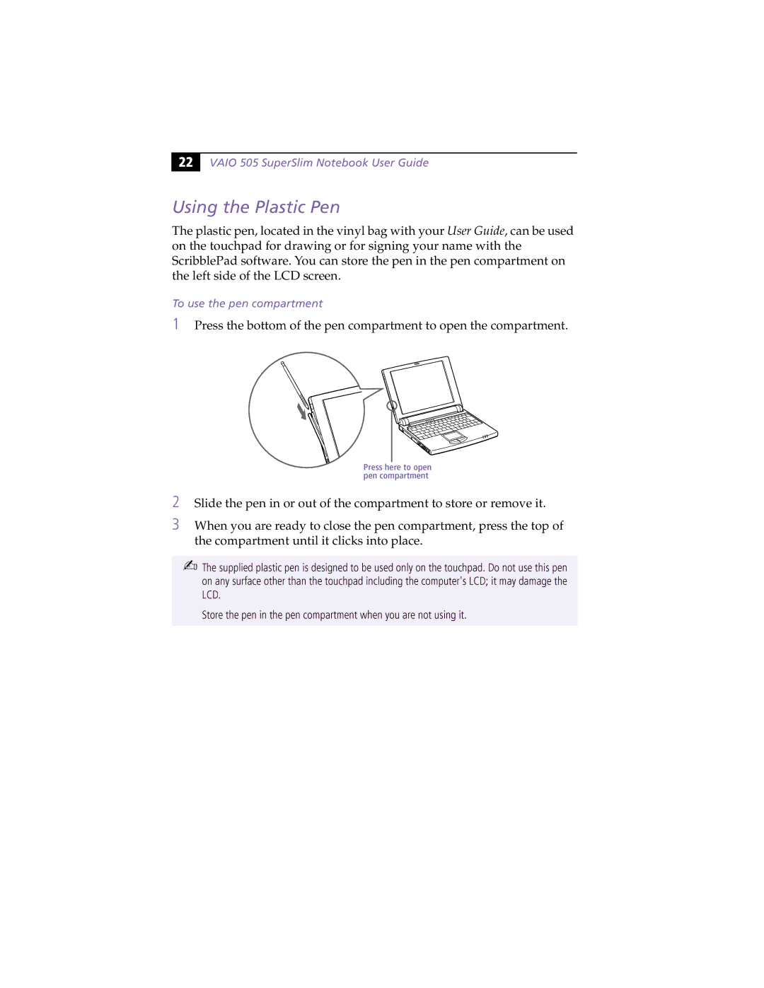 Sony PCG505FX manual Pencompartment, Using the Plastic Pen 